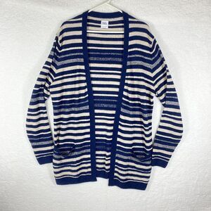 Zara Sweater Womens Size L Blue Mixed Stripe Open Cardigan With Pockets Longline